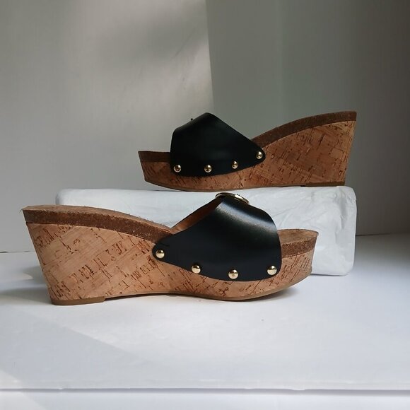 Tommy Hilfiger 'Honora' Cork Wedge Black Leather Gold Buckle Slide SandalsSz7.5 - Picture 4 of 9